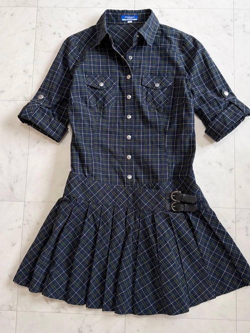 Burberry Navy And Green Plaid Shirt Dress